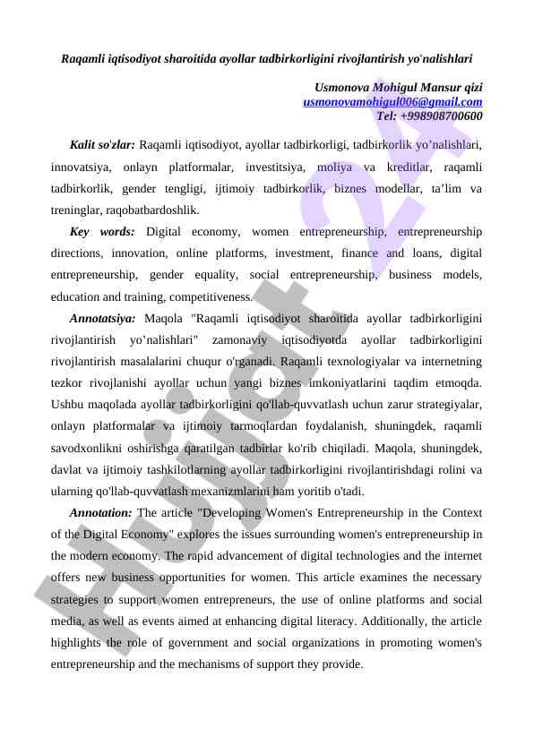 Raqamli iqtisodiyot sharoitida ayollar tadbirkorligini rivojlantirish