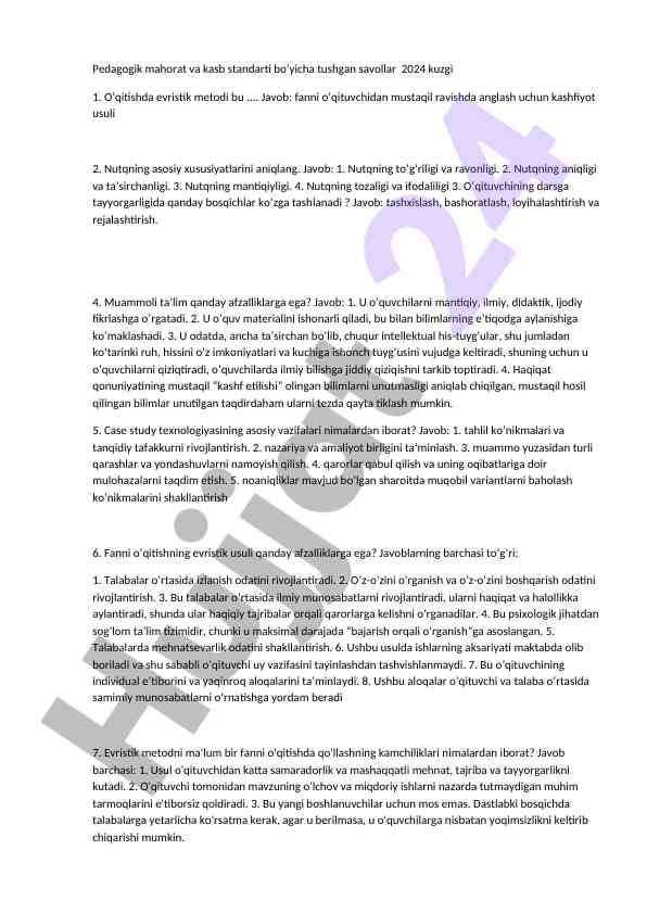Pedagogik mahorat va kasb standarti savollari 2024