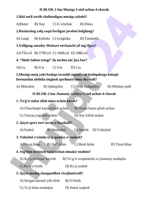 Musiqa va jismoniy tarbiya 3-sinf test savollari
