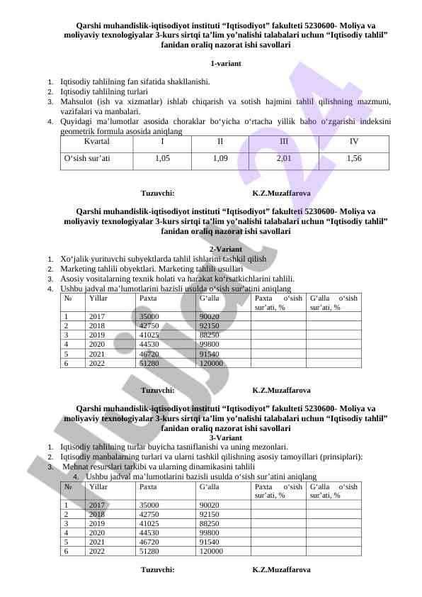 Iqtisodiy tahlil fanidan oraliq nazorat ishlari
