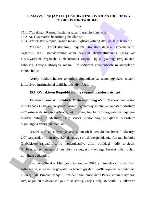 Raqamli Iqtisodiyotni Rivojlantirish O‘zbekiston Tajribasi