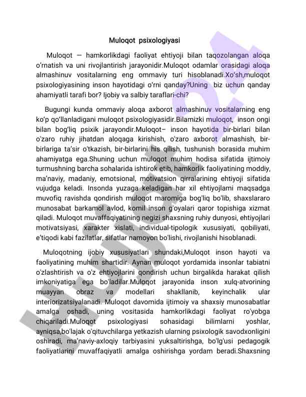 Muloqot psixologiyasining inson hayotidagi o‘rni