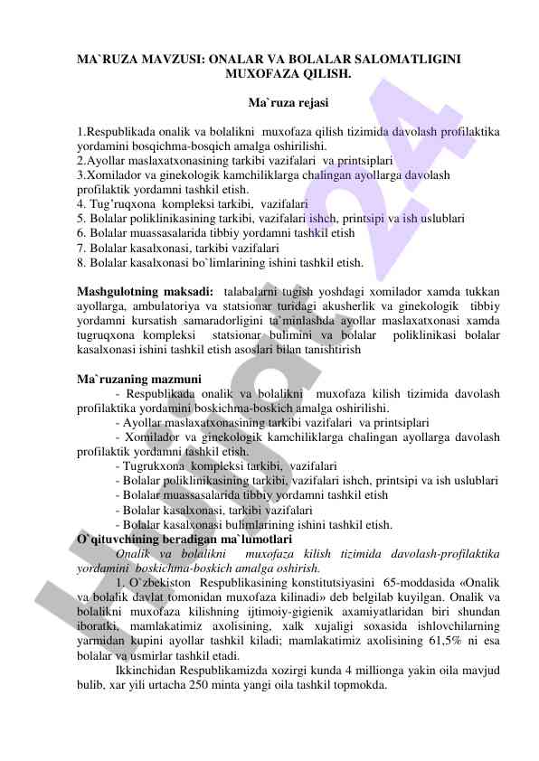 Onalar va bolalar salomatligini muxofaza qilish