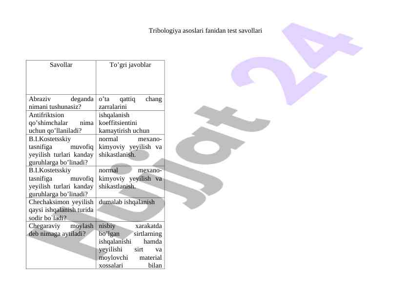 Tribologiya asoslari fanidan test savollari