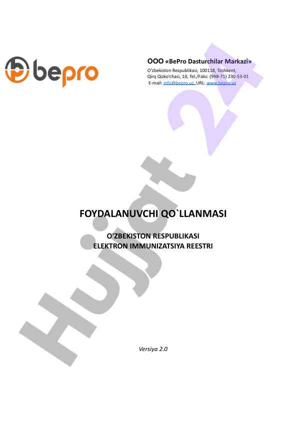 Foydalanuvchi qo‘llanmasi elektron immunizatsiya reestri