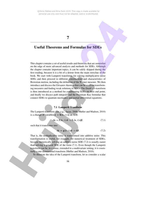 Useful theorems and formulas for stochastic differential equations