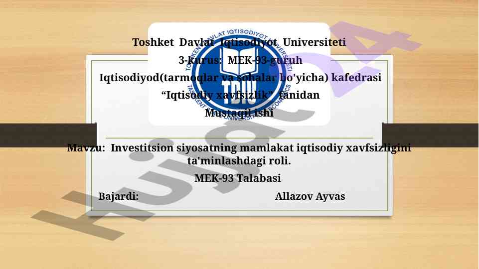 Investitsion siyosatning iqtisodiy xavfsizlikdagi roli