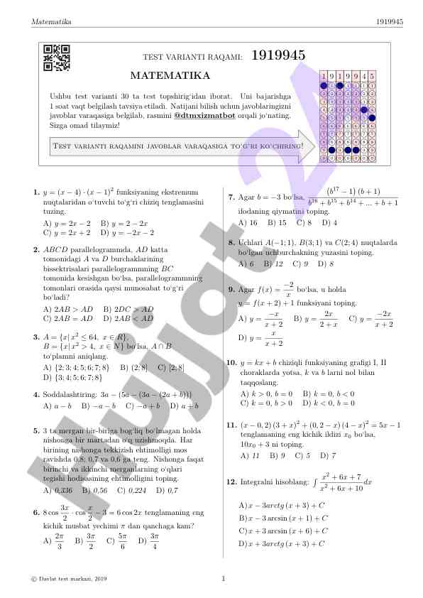 Matematika test varianti raqami 1919945