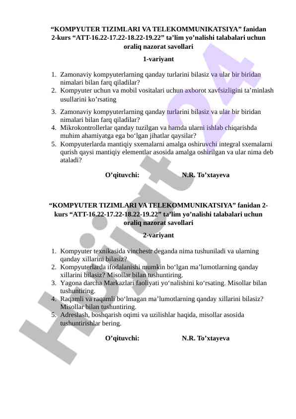 Kompyuter tizimlari va telekommunikatsiya nazorat savollari