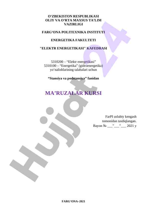 Stansiya va podstansiya fanidan ma’ruzalar kursi