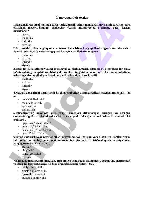 Yashil iqtisodiyotga o‘tish bo‘yicha testlar