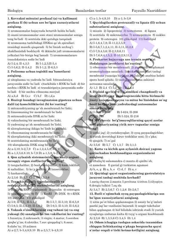 Biologiya bazalardan testlar tushuntirishlar