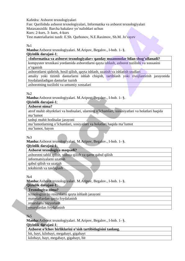 Test materiallari bo'yicha axborot texnologiyalari