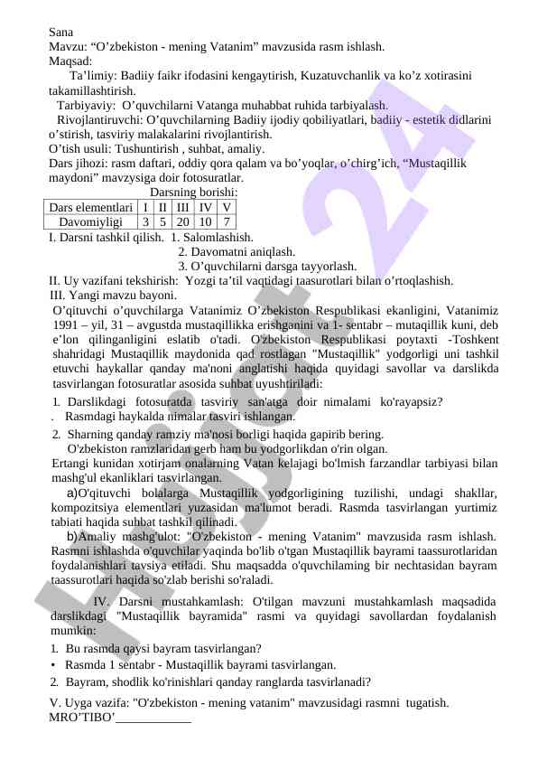 O’zbekiston - mening vatanim mavzusida rasm ishlash