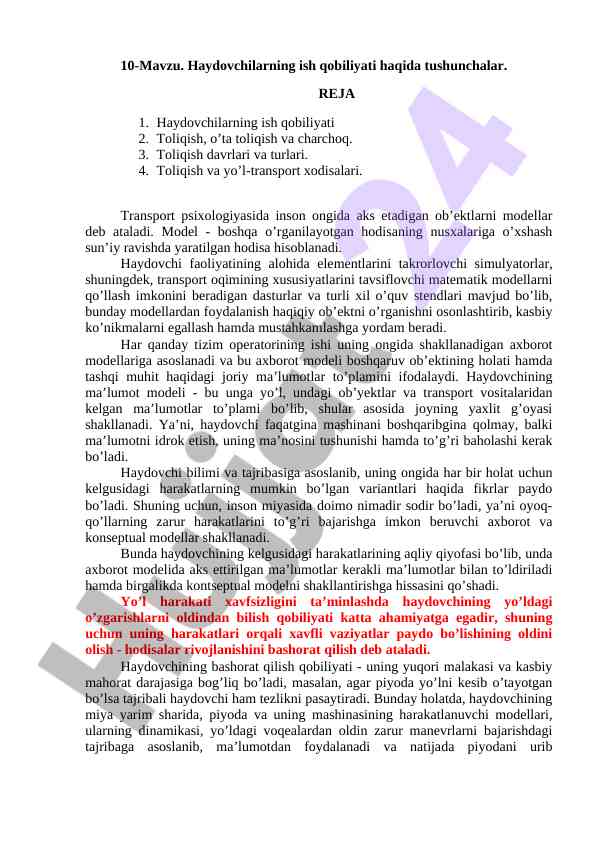 Haydovchilarning ish qobiliyati tushunchalari bo'yicha reja