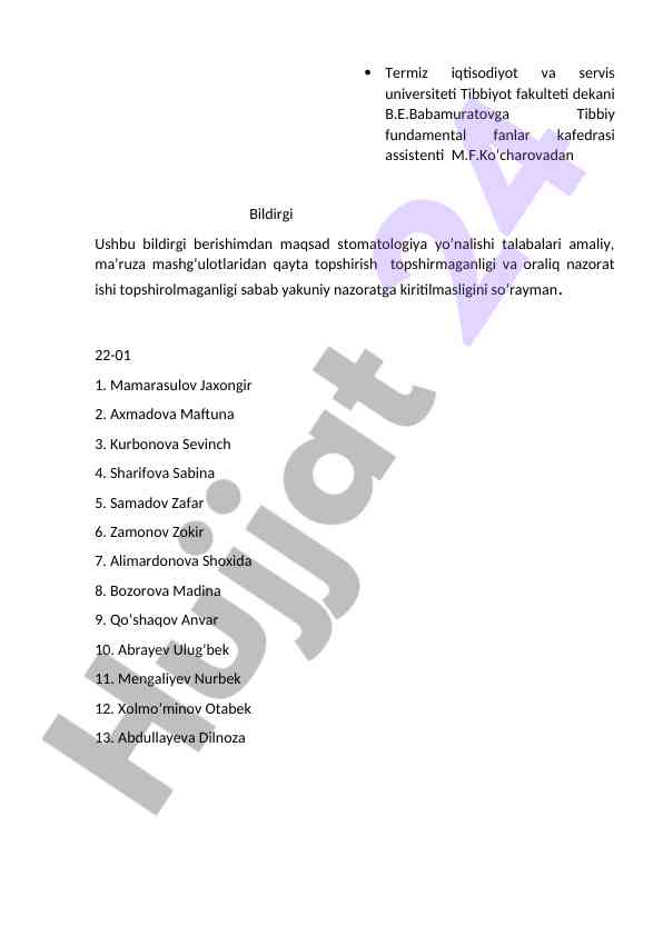 Stomatologiya yo’nalishi talabalari uchun bildirgi
