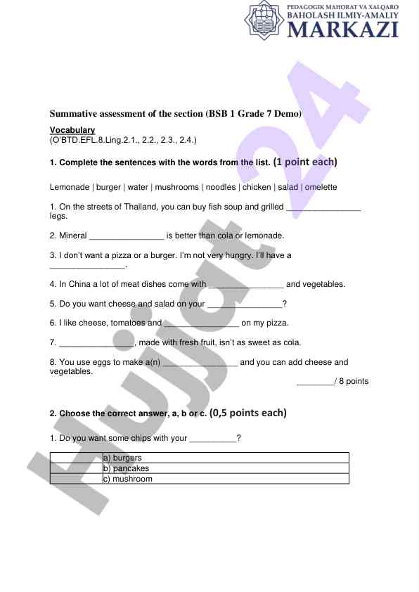 Summative assessment vocabulary for grade 7 students