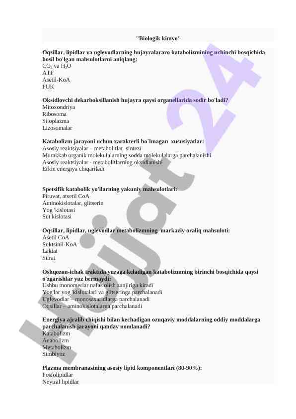 Biologik kimyo: katabolizm jarayonlari va mahsulotlar