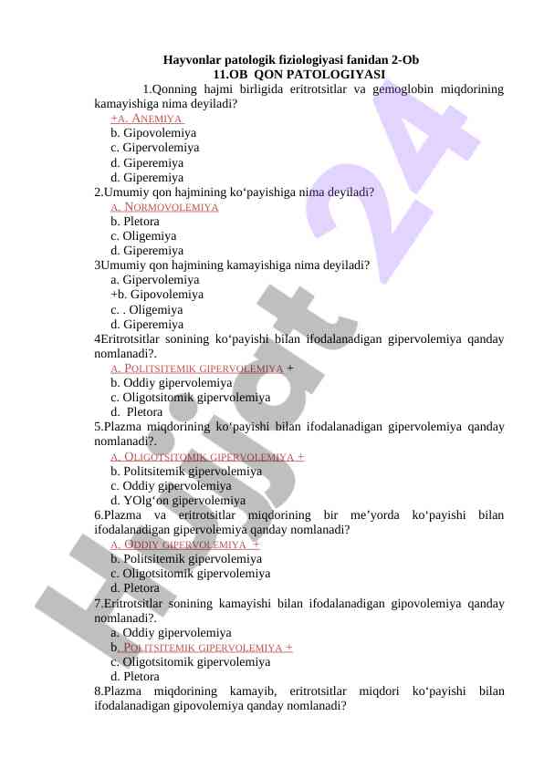Qon patologiyasi bo'yicha test savollari