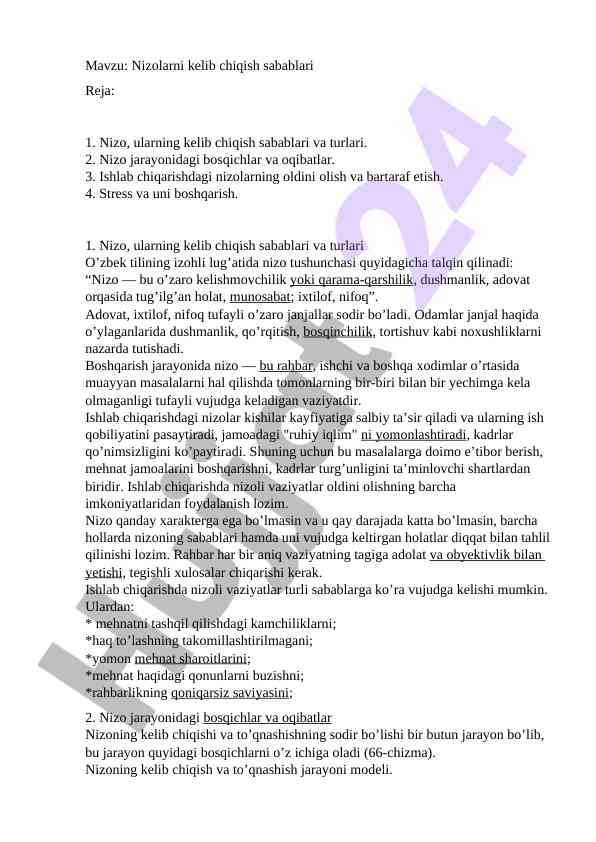 Nizolarni kelib chiqish sabablari va turlari