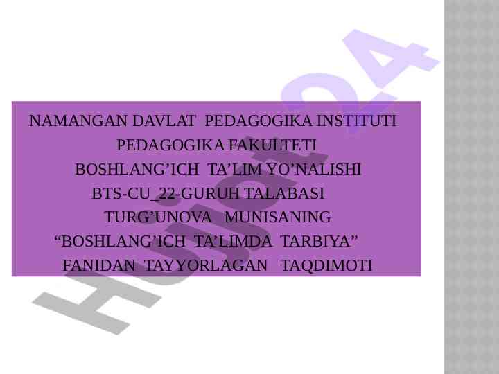 Boshlang’ich ta’limda tarbiya taqdimoti