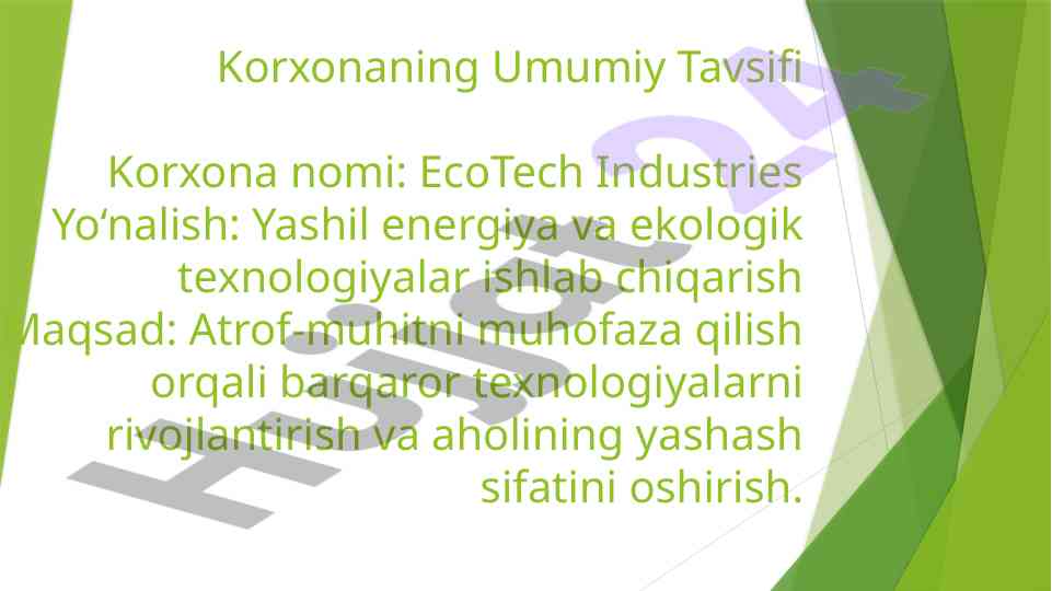 Ecotech industries yashil energiyani rivojlantirish
