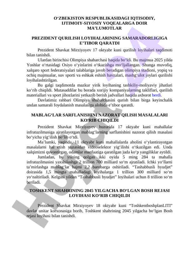 Olimpiya shaharchasi qurilishi loyihalari taqdimoti