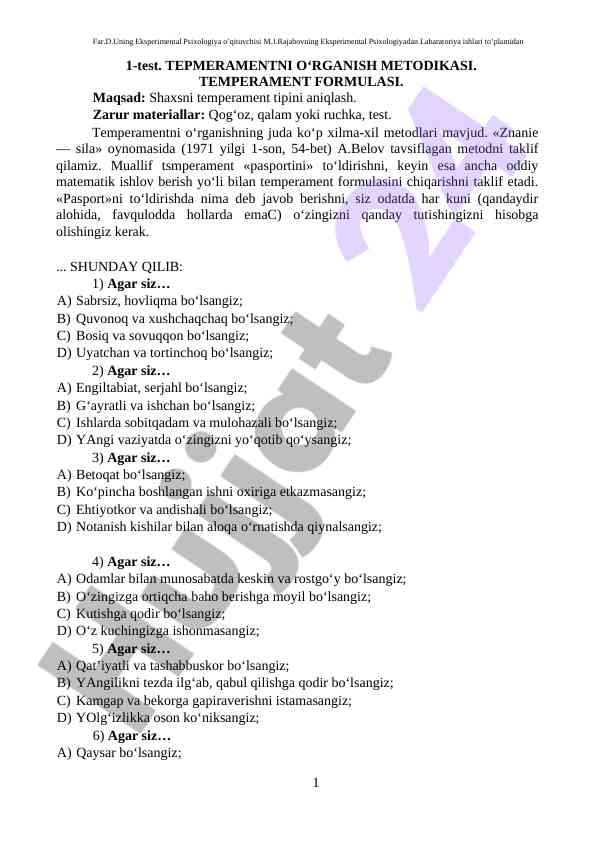 Temperamentni o‘rganish metodikasi