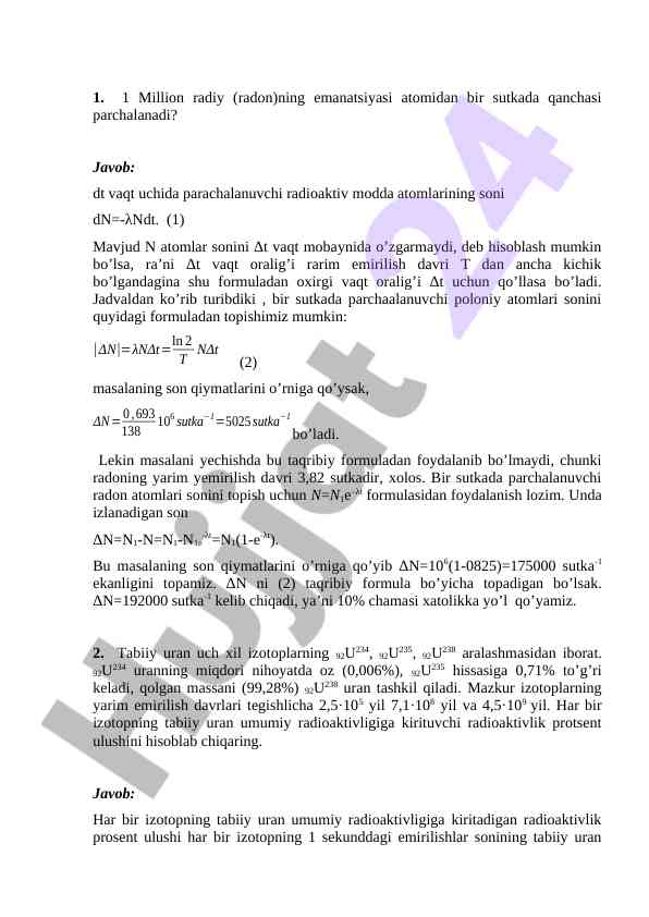 Radon emanatsiyasi va parchalanish hisoblash