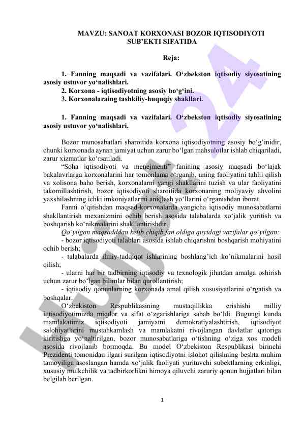 Sanoat korxonalari bozor iqtisodiyoti mavzusi