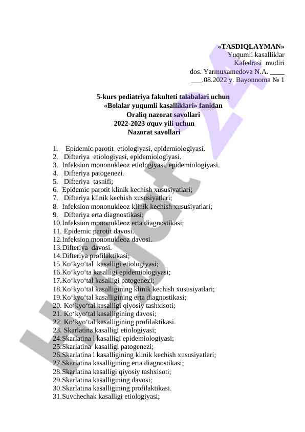 Bolalar yuqumli kasalliklari oraliq nazorat savollari
