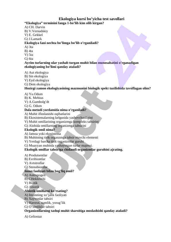 Ekologiya kursi bo’yicha test savollari