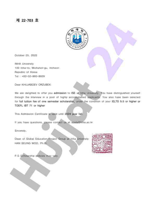 Inha universitetiga qabul sertifikati