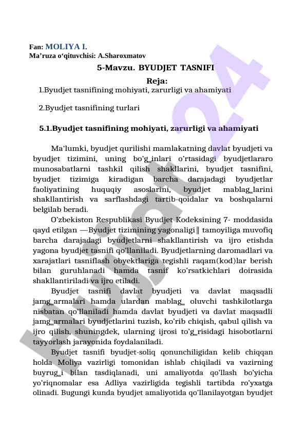 Byudjet tasnifi mohiyati va ahamiyati