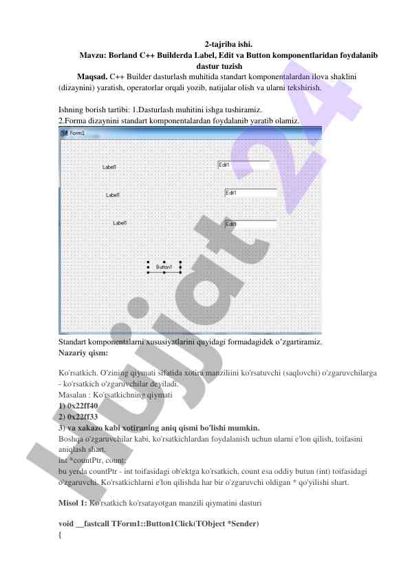 Dastur tuzish borland c++ builderda komponentlar bilan