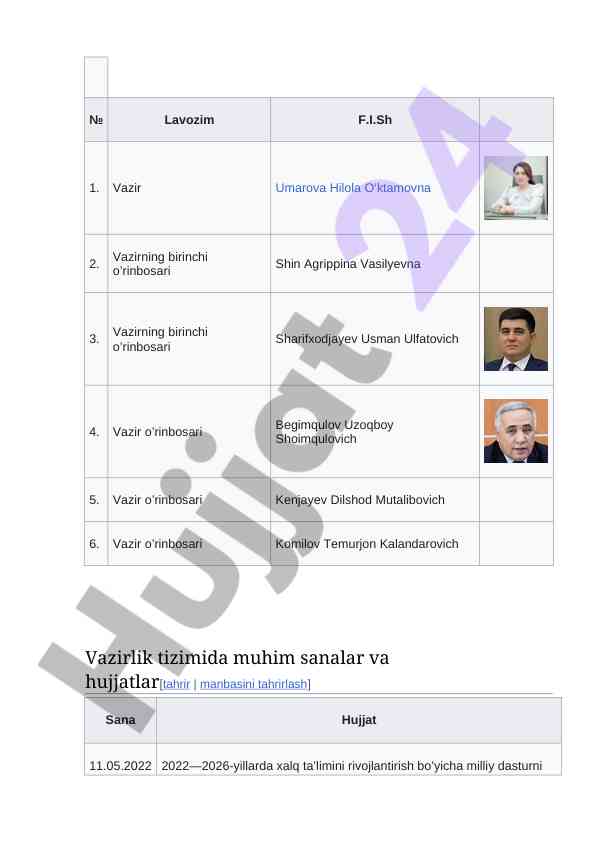 Vazirlik tizimida muhim sanalar va hujjatlar