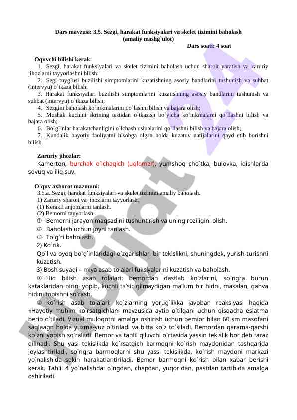 Sezgi va harakat funksiyalarini baholash dars mavzusi