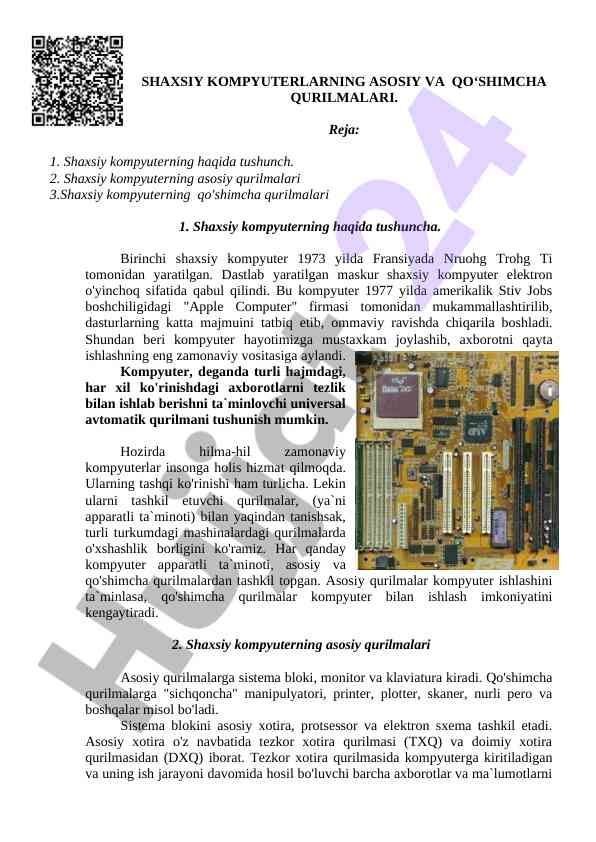 Shaxsiy kompyuterlarga oid asosiy va qo‘shimcha qurilmalar