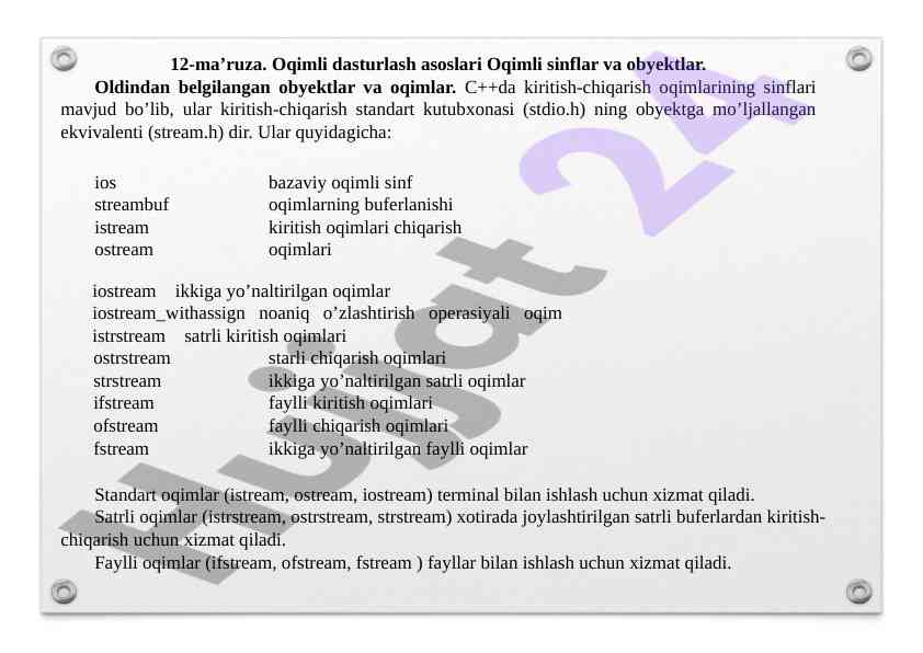 Oqimli dasturlash asoslari va obyektlar