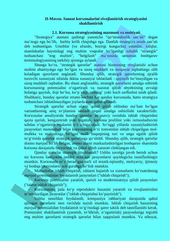 Sanoat korxonalarini rivojlantirish strategiyasi