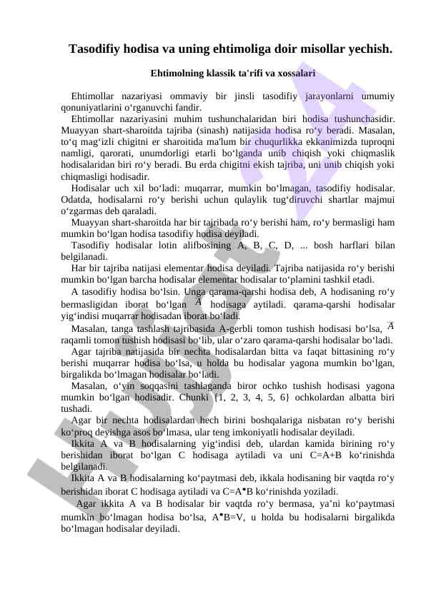 Tasodifiy hodisa va ehtimollar nazariyasi