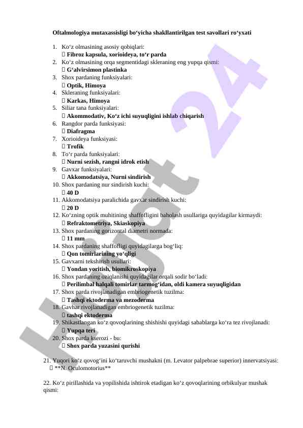 Oftalmologiya mutaxassisligi bo'yicha test savollari