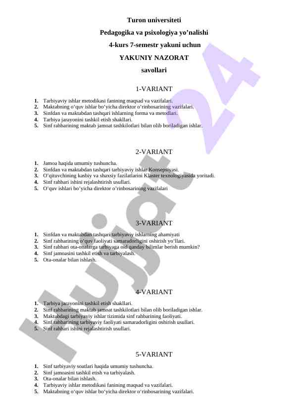 Tarbiyaviy ishlar metodikasi savollari 4-kurs