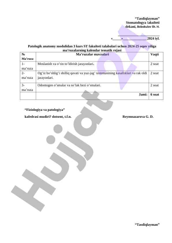 Fiziologiya va patologiya kalendar tematik rejasi