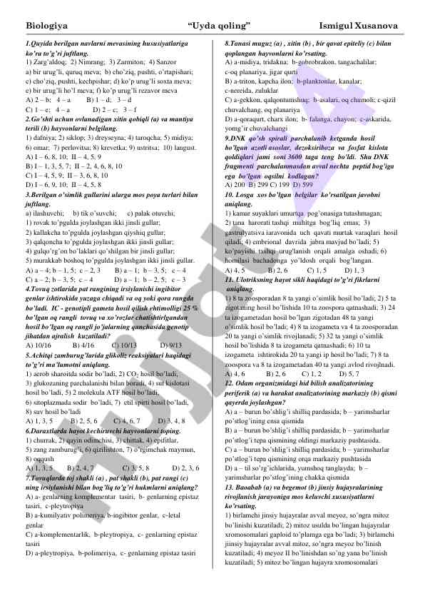 Biologiya fanni bo'yicha test savollari
