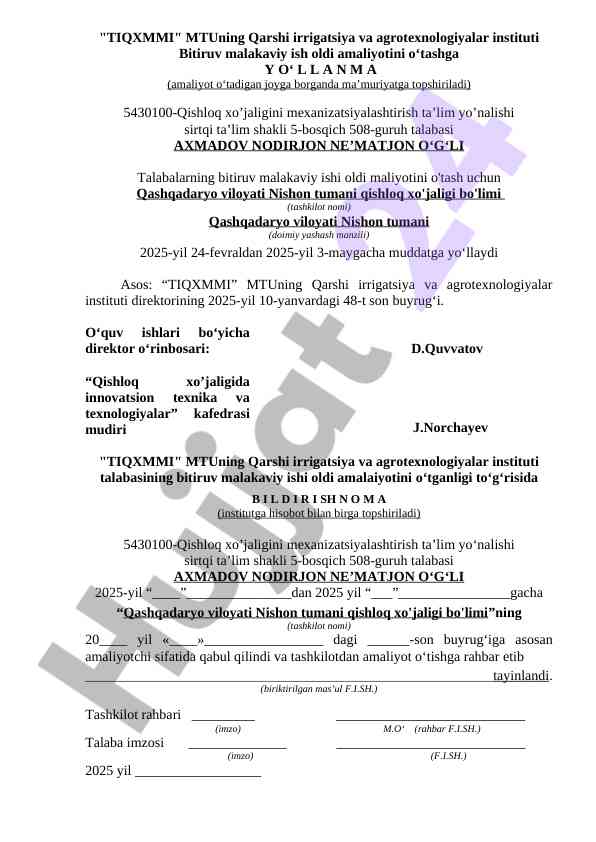 Amaliyot O‘tashga Yo‘llanma