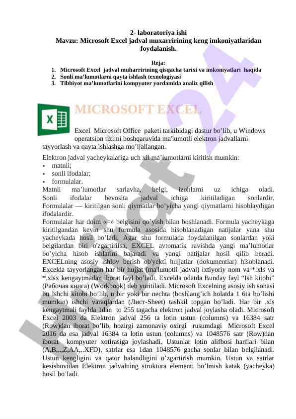 Microsoft excel jadval muharririning keng imkoniyatlari