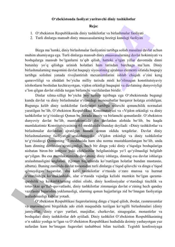 Diniy tashkilotlar faoliyati va ularning roli