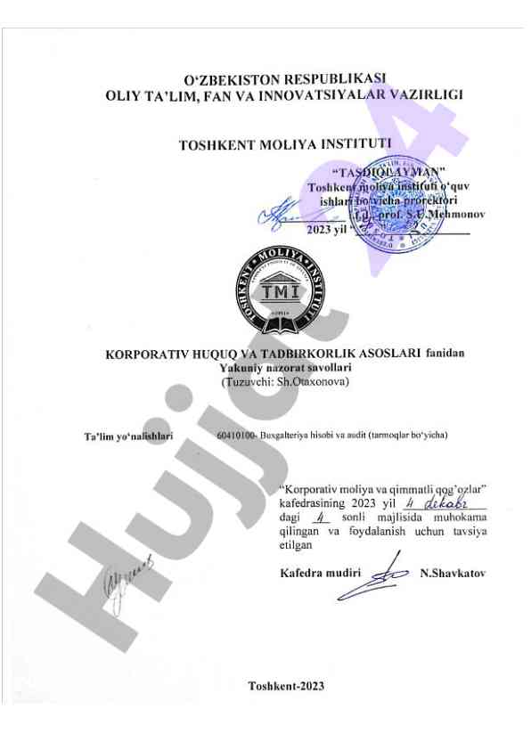 Korporativ huquq va tadbirkorlik asoslari savollari
