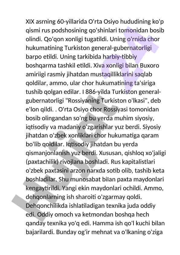 Xix asrda o'rta osiyo iqtisodiy o'zgarishlari